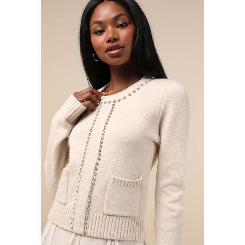 Lulus Sparkling Appeal Heather Cream Rhinestone Sweater Beige - Size S